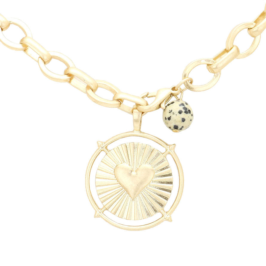 Heart Accented Metal Round Natural Stone Pendant Necklace by Madeline Love