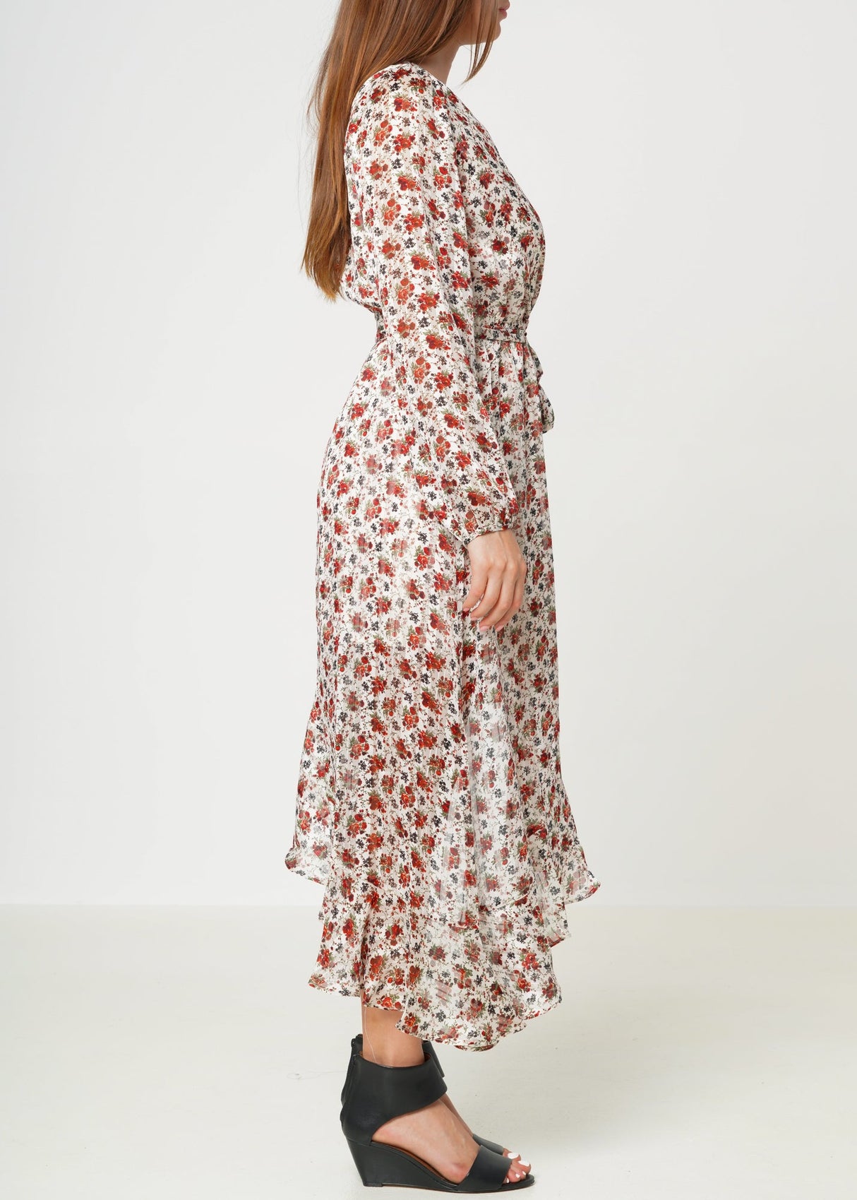 Floral Asymmetrical Ruffle Hem Wrap Dress In Victoria Garden by Shop at Konus