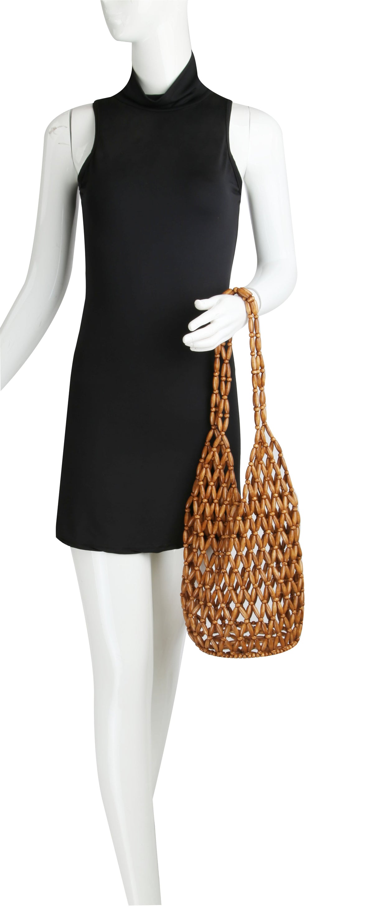 summer beach shoulder tote bag  is made of small wooden balls by hfstylish