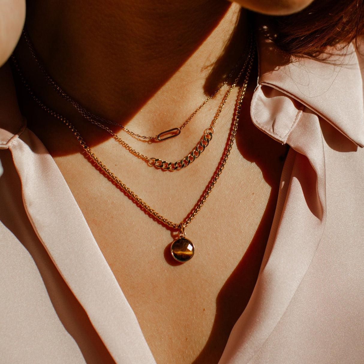 Tiger's Eye Stone Pendant Classic Gold Necklace by ETHICGOODS