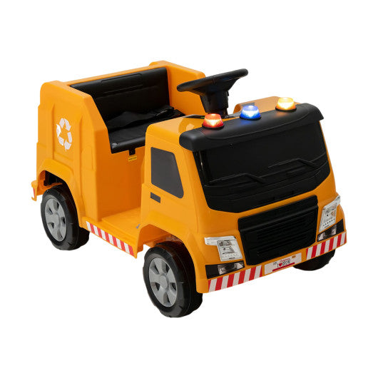 12V Kids Ride-on  Garbage Truck with Warning Lights and 6 Recycling Accessories-Yellow