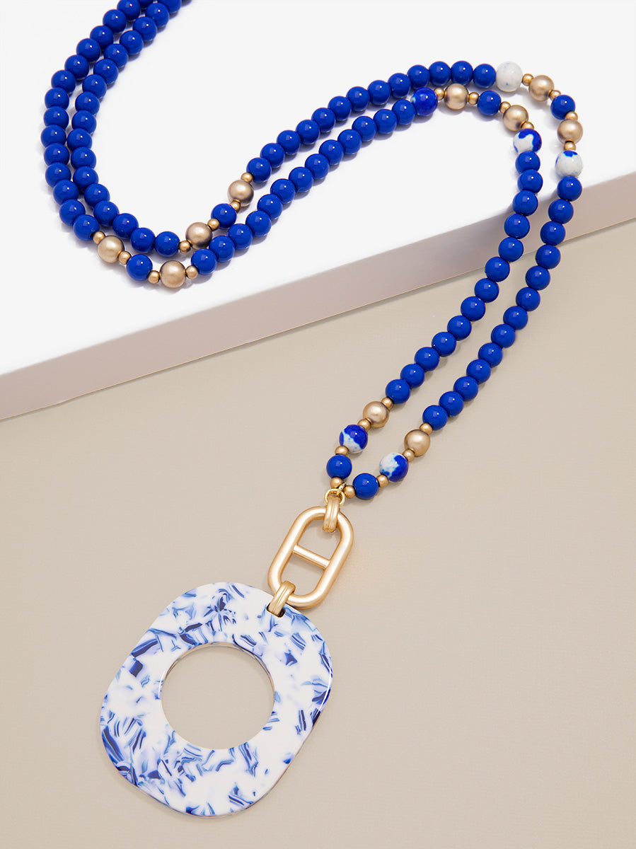 Blue Marbled Acetate Pendant Necklace by ZENZII