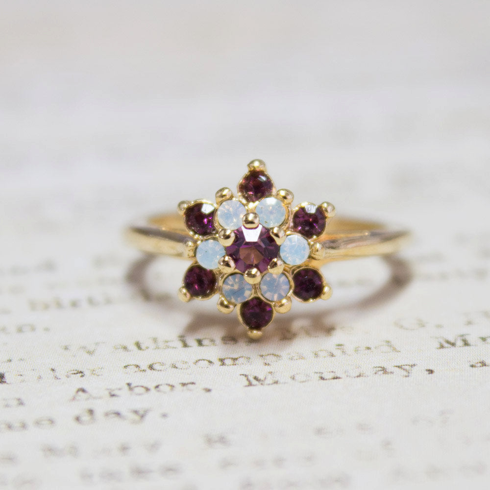 Vintage Rose and Amethyst Austrian Crystal Star Ring 18k Yellow Gold Electroplate Made in the USA by PVD Vintage Jewelry