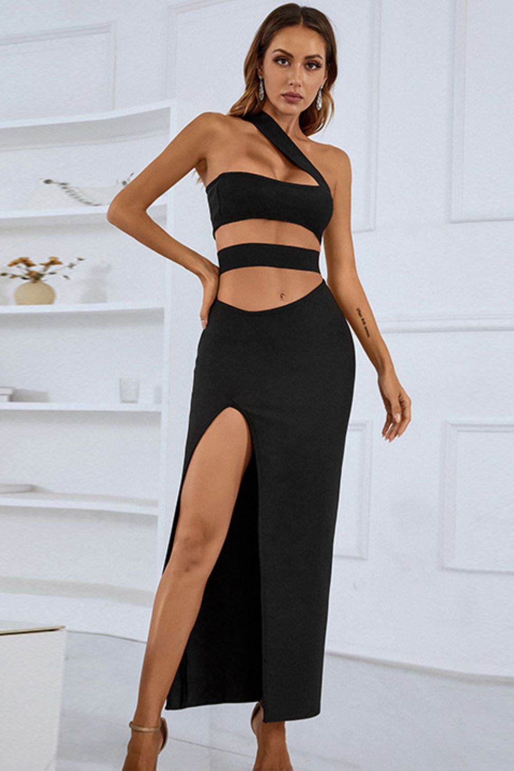 One-Shoulder Cutout Front Split Maxi Dress by Faz