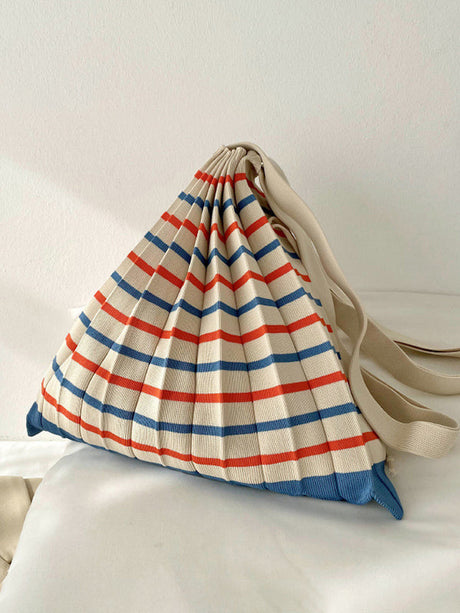 Contrast Color Pleated Striped Woven Handbag by migunica