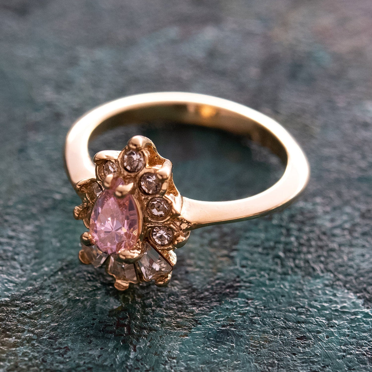 Vintage 1990's Ring Ruby and Clear Austrian Crystals 18k Yellow Gold Plated by PVD Vintage Jewelry