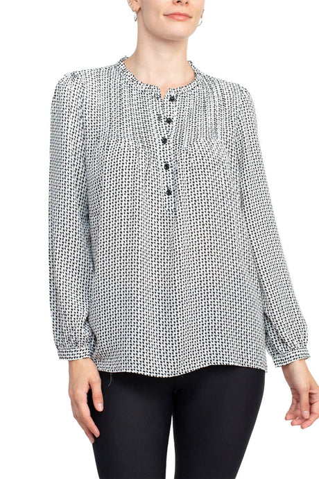 Adrianna Papell Crew Neck Long Sleeves Button Detail Woven Top by Curated Brands