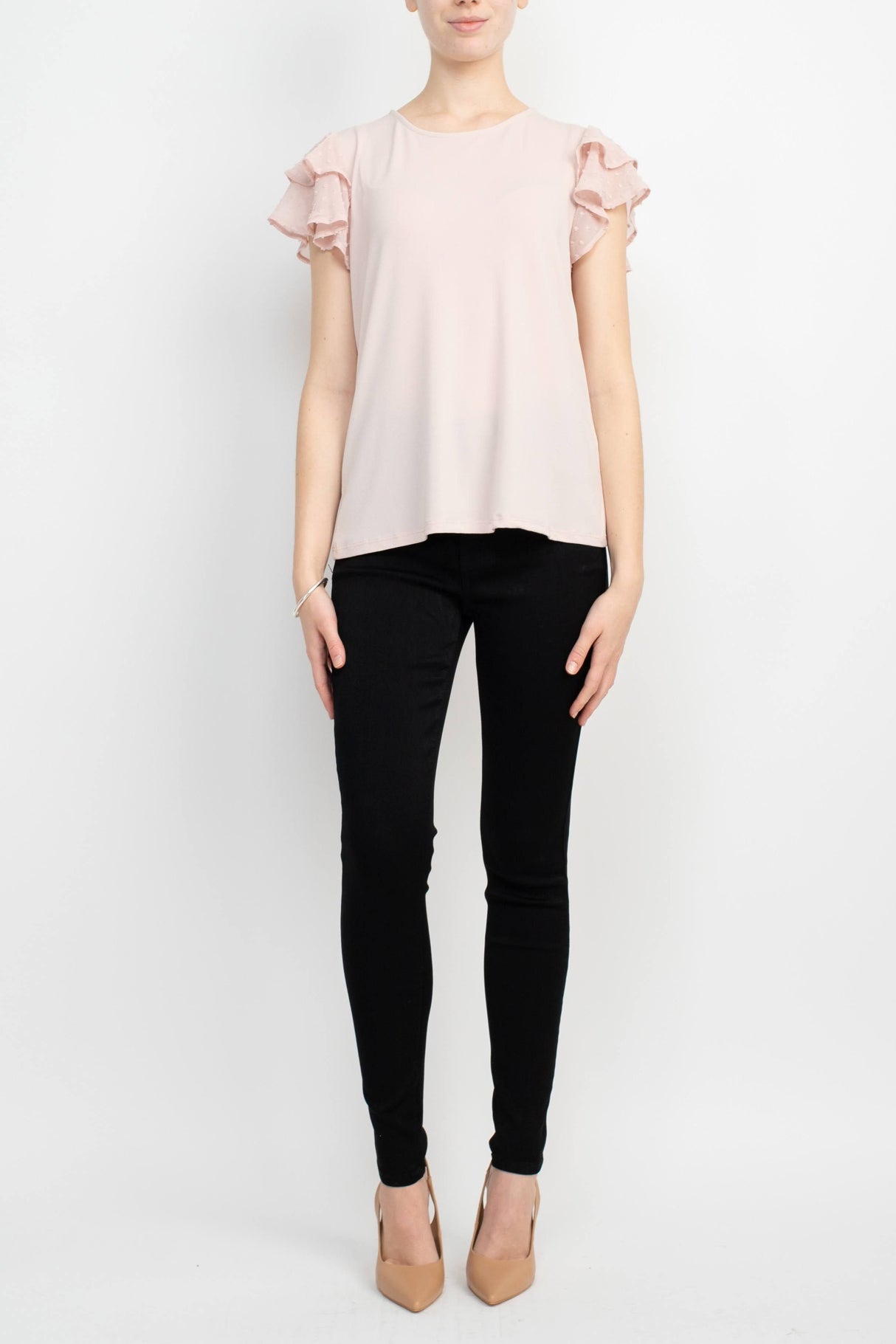 Adrianna Papell Crew Neck Clip Dot Double Flutter Sleeve Solid Knit Moss Crepe Top by Curated Brands