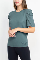 Adrianna Papell Crew Neck Short Sleeve Ruffled Shoulder Solid Knit Top by Curated Brands