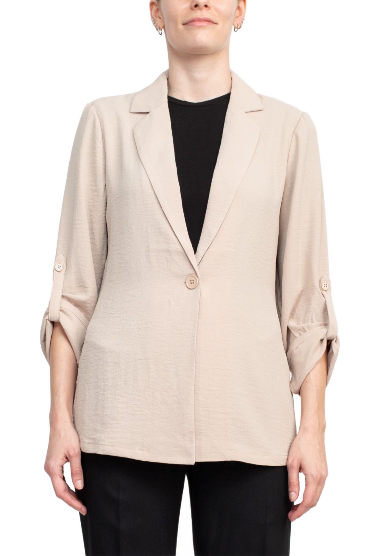 Adrianna Papell Sport Collar Neck One Button 3/4 Sleeve Woven Blazer by Curated Brands