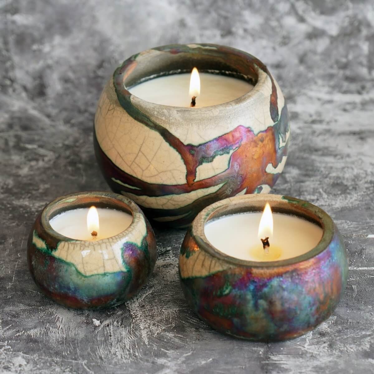 Akari Raku Pottery Refillable Set of 3 ( 1 L, 1M, 1S ) Scented Soy Wax Candles by RAAQUU