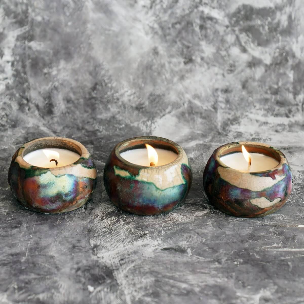 Akari Raku Pottery Refillable Set of 3 Medium Scented Soy Wax Candles by RAAQUU