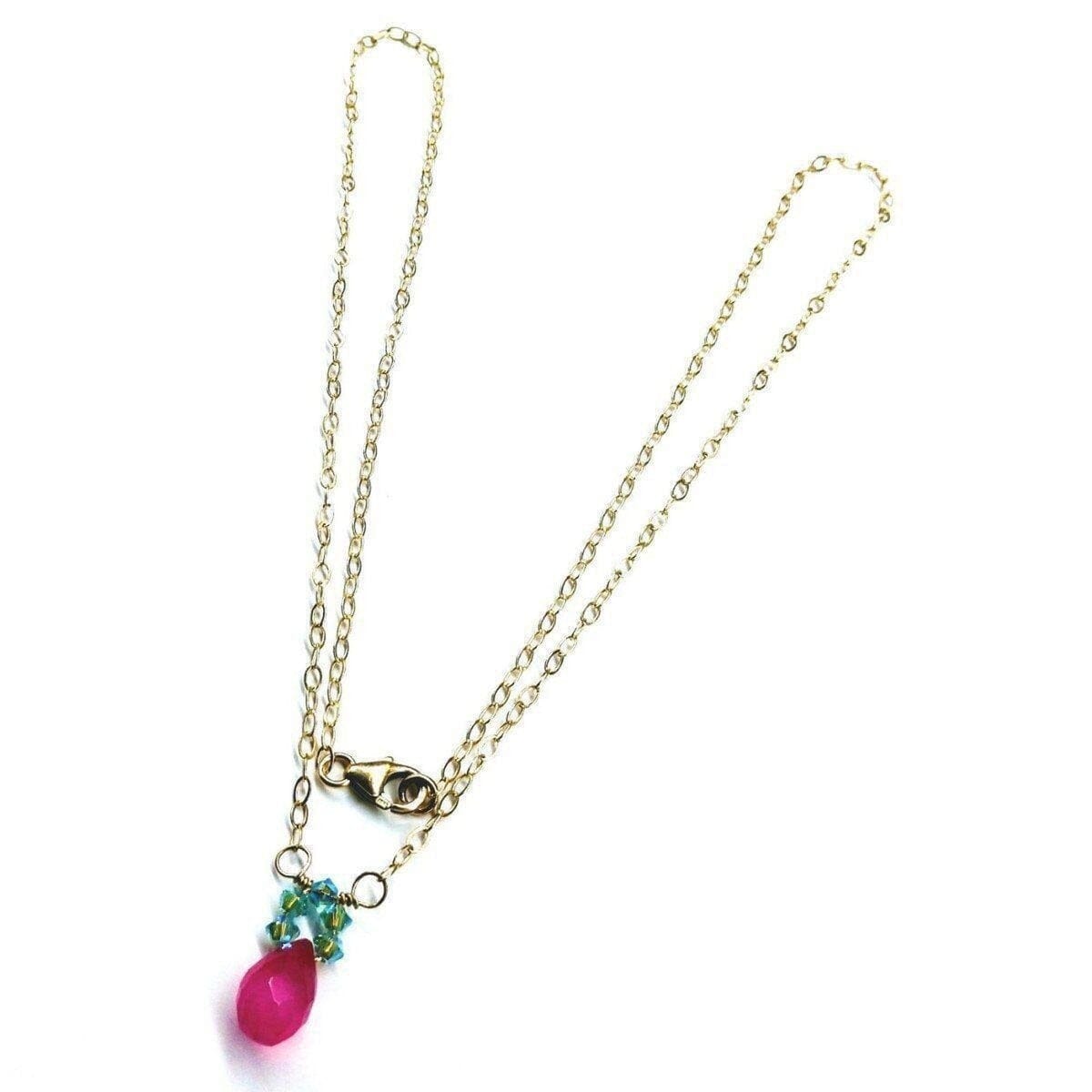 Pink Gemstone Drop and Turquoise Crystal 14 K Gold Filled Necklace by Alexa Martha Designs