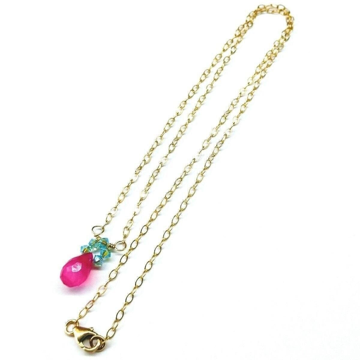 Pink Gemstone Drop and Turquoise Crystal 14 K Gold Filled Necklace by Alexa Martha Designs