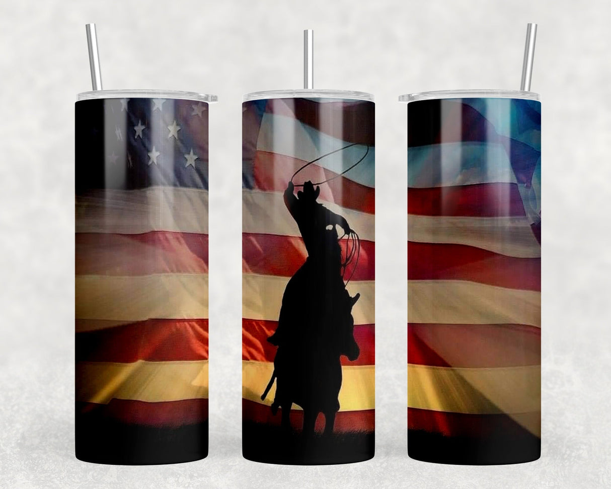 American Flag Cowboy|Skinny Tumbler|Optional Bluetooth Speaker| Speaker Color Varies by Rowdy Ridge Co