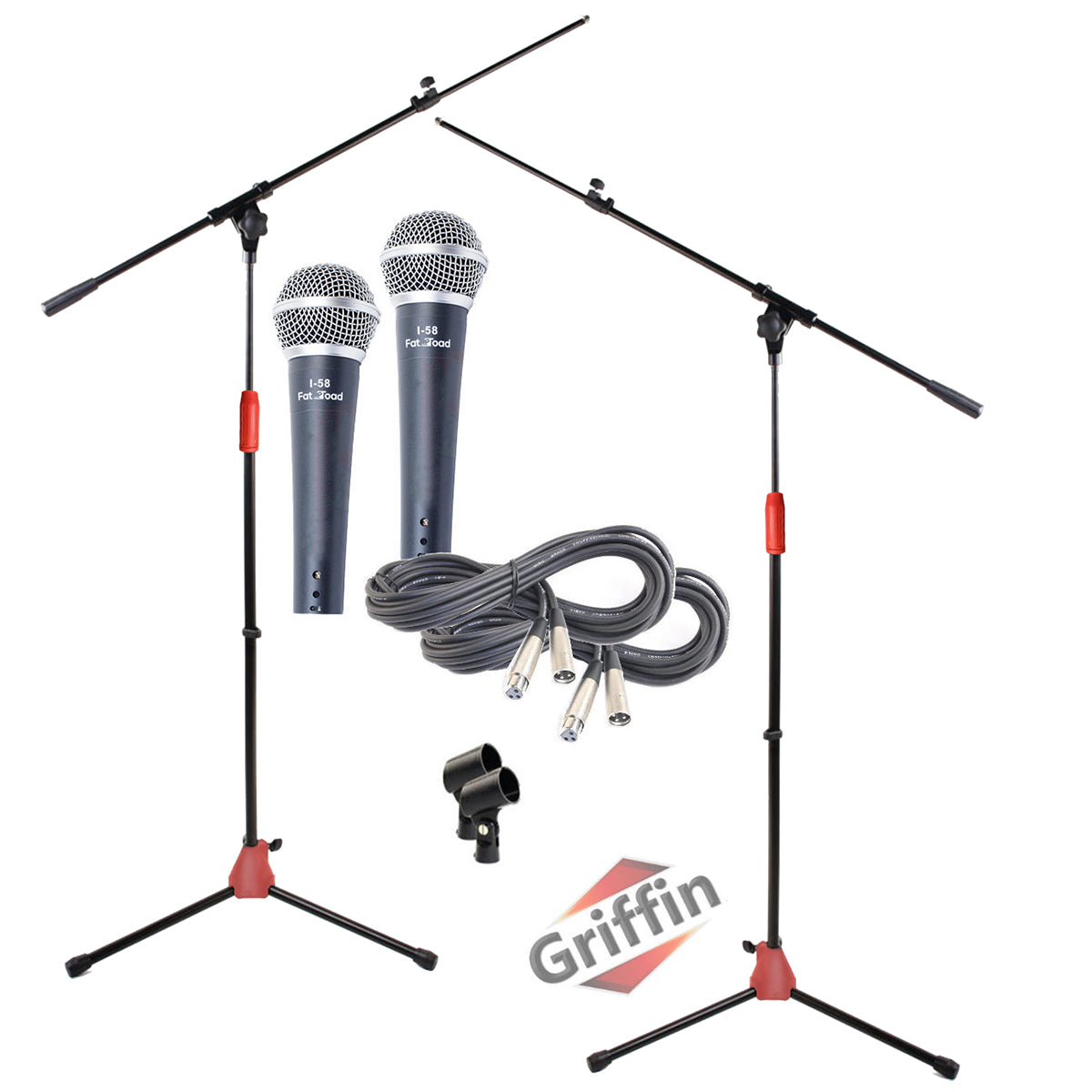 GRIFFIN Microphone Boom Stand, Cardioid Dynamic Mic, XLR Cable, & Clip (Pack of 2) - Telescoping Arm by GeekStands.com