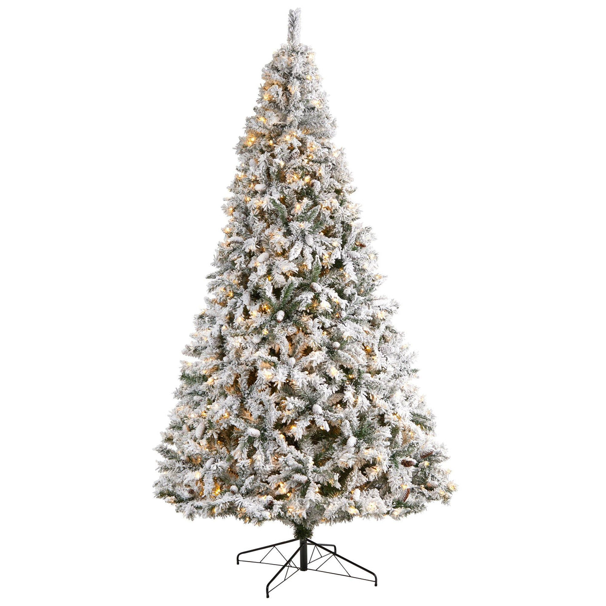 10' Flocked White River Mountain Pine Christmas Tree with Pinecones and 800 Clear LED Lights by Nearly Natural