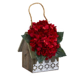 10” Hydrangea Artificial Arrangement in Hanging Floral Design House Planter by Nearly Natural