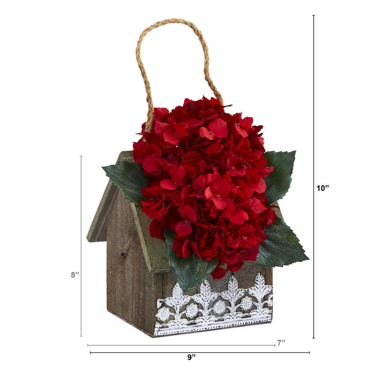 10” Hydrangea Artificial Arrangement in Hanging Floral Design House Planter by Nearly Natural