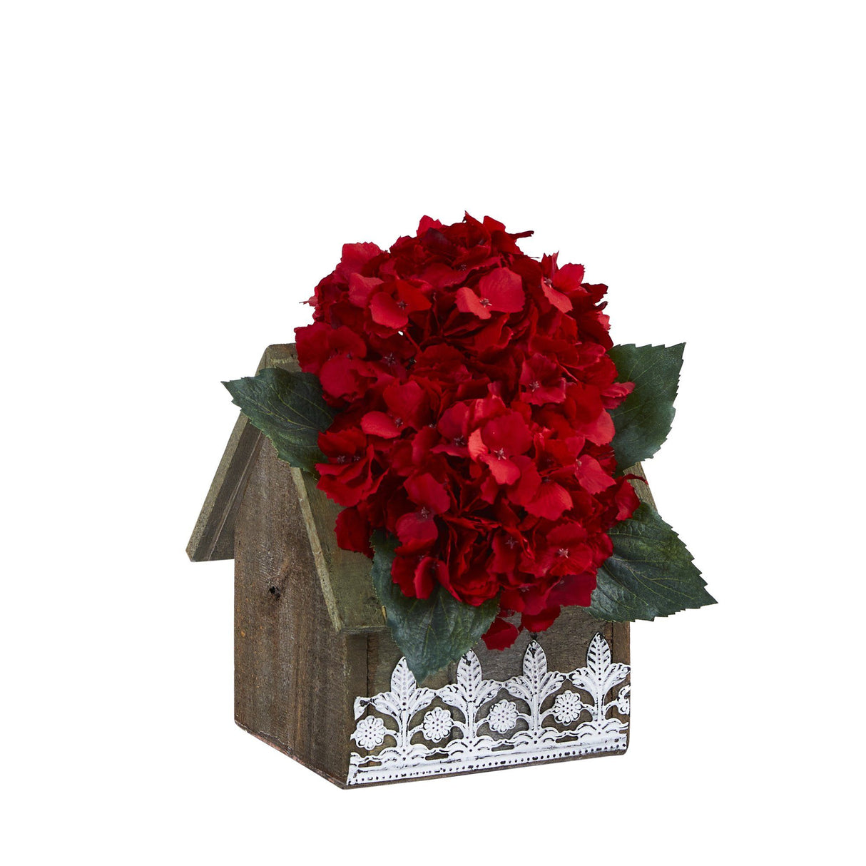 10” Hydrangea Artificial Arrangement in Hanging Floral Design House Planter by Nearly Natural