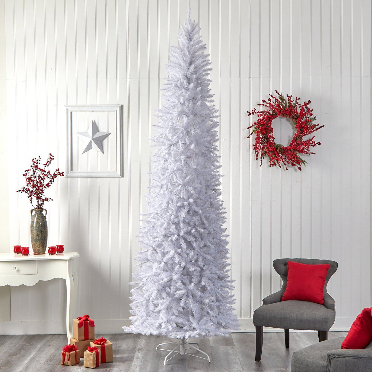 10’ Slim White Artificial Christmas Tree with 800 Warm White LED Lights and 2420 Bendable Branches by Nearly Natural