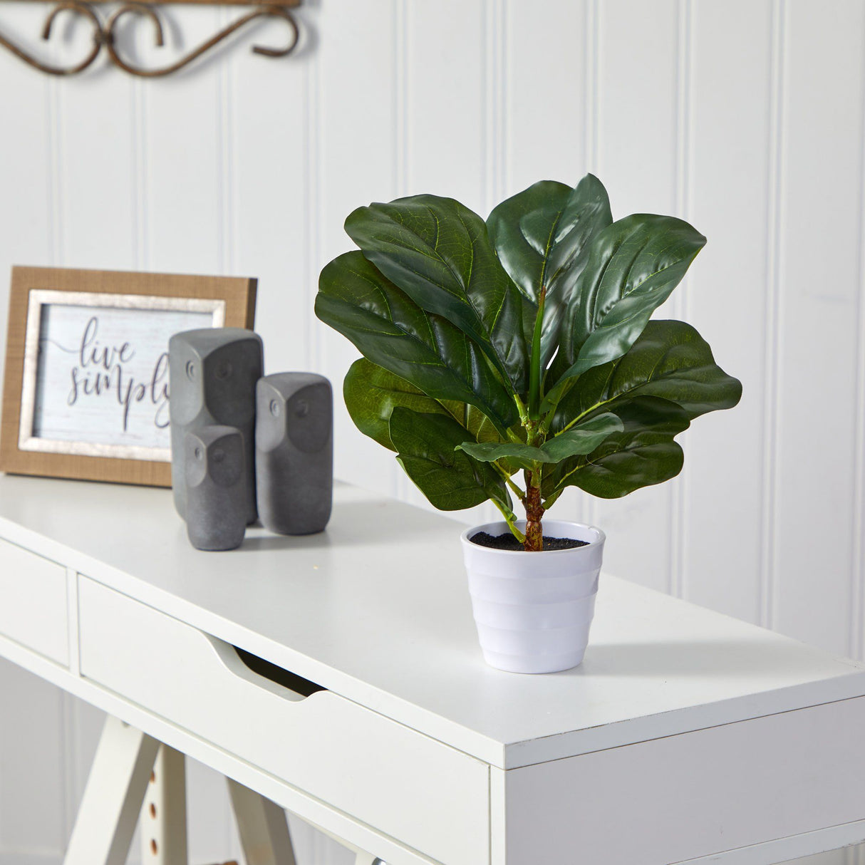 11” Fiddle Leaf Artificial Plant in White Planter (Real Touch) by Nearly Natural