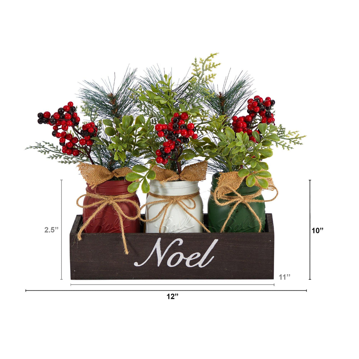 12” Holiday Winter Pine and Berries Three Piece Mason Jar “Noel” Table Christmas Arrangement Décor by Nearly Natural