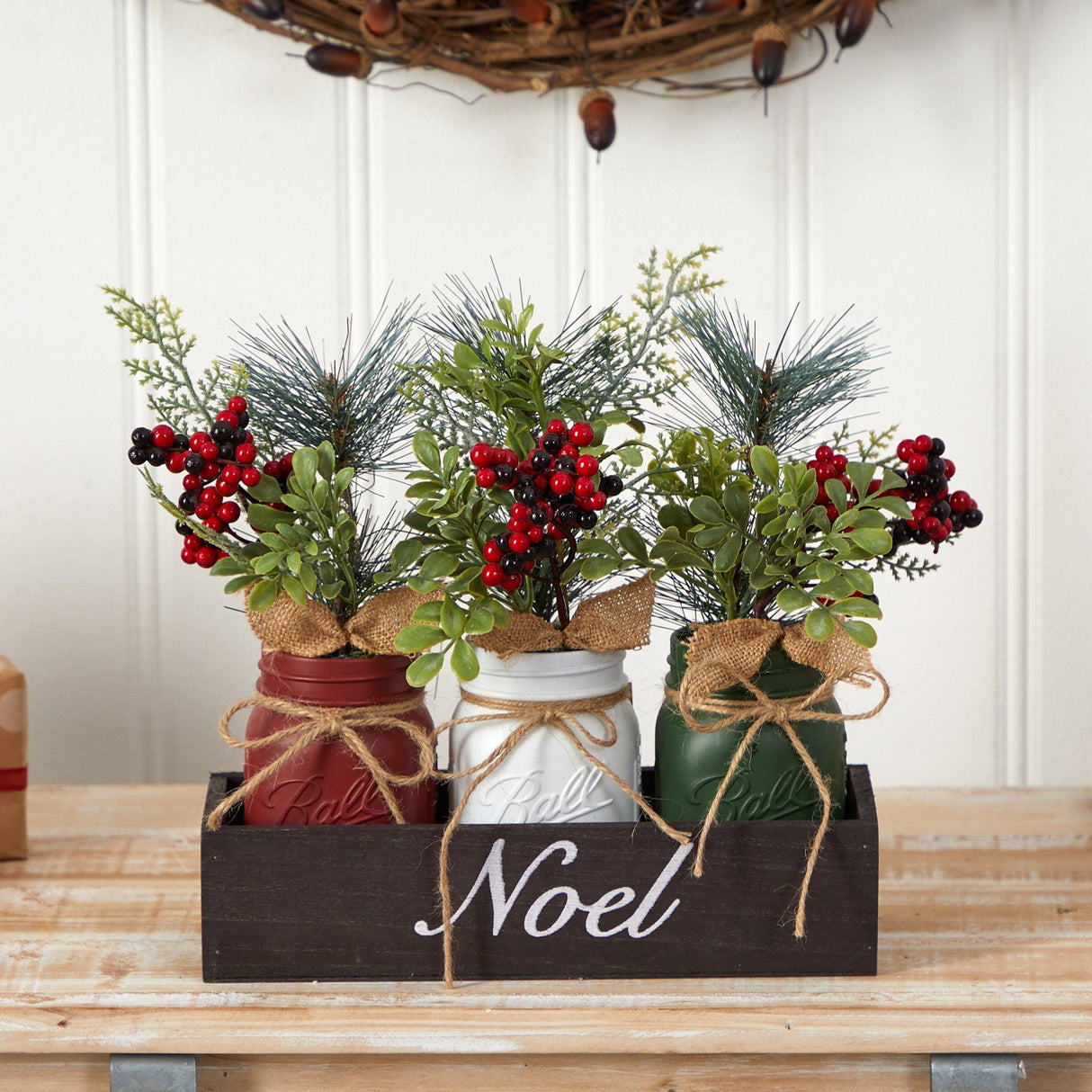 12” Holiday Winter Pine and Berries Three Piece Mason Jar “Noel” Table Christmas Arrangement Décor by Nearly Natural