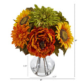 12” Peony, Dahlia and Sunflower Artificial Arrangement in Glass Vase by Nearly Natural