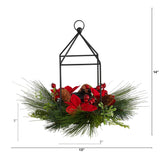 14” Christmas Poinsettia, Berry and Pinecone Metal Candle Holder Christmas Table Arrangement by Nearly Natural