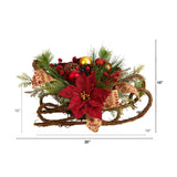 18” Christmas Sleigh with Poinsettia, Berries and Pinecone Artificial Arrangement with Ornaments by Nearly Natural