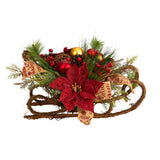 18” Christmas Sleigh with Poinsettia, Berries and Pinecone Artificial Arrangement with Ornaments by Nearly Natural