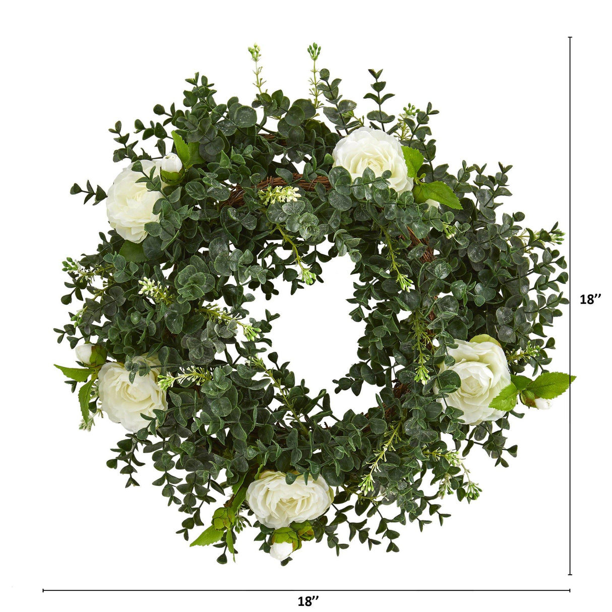 18” Eucalyptus and Camellia Double Ring Artificial Wreath with Twig Base by Nearly Natural