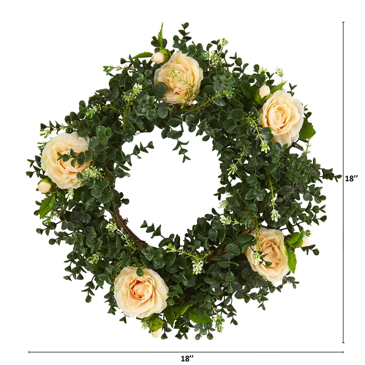 18” Eucalyptus and Camellia Double Ring Artificial Wreath with Twig Base by Nearly Natural