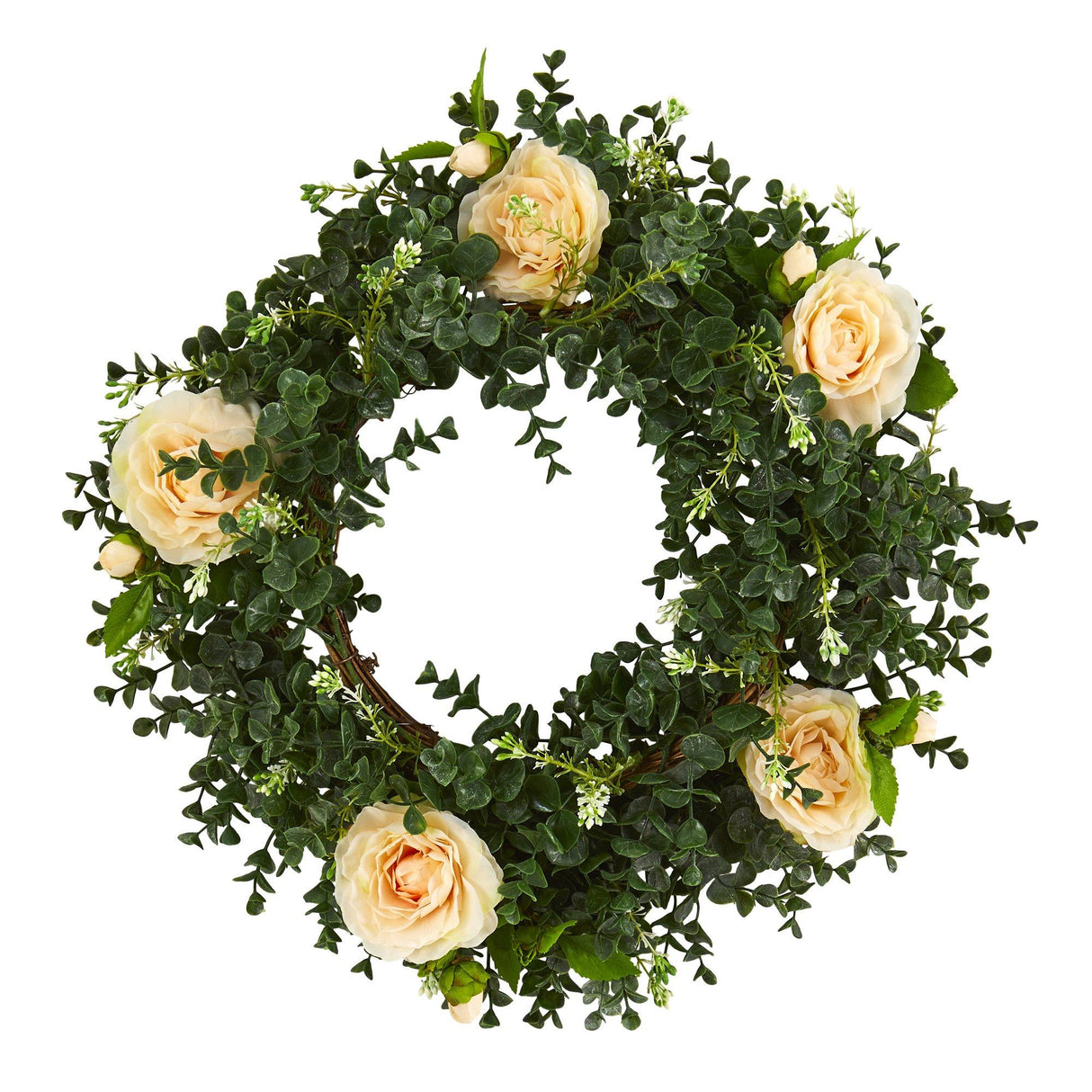 18” Eucalyptus and Camellia Double Ring Artificial Wreath with Twig Base by Nearly Natural