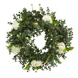 18” Eucalyptus and Camellia Double Ring Artificial Wreath with Twig Base by Nearly Natural