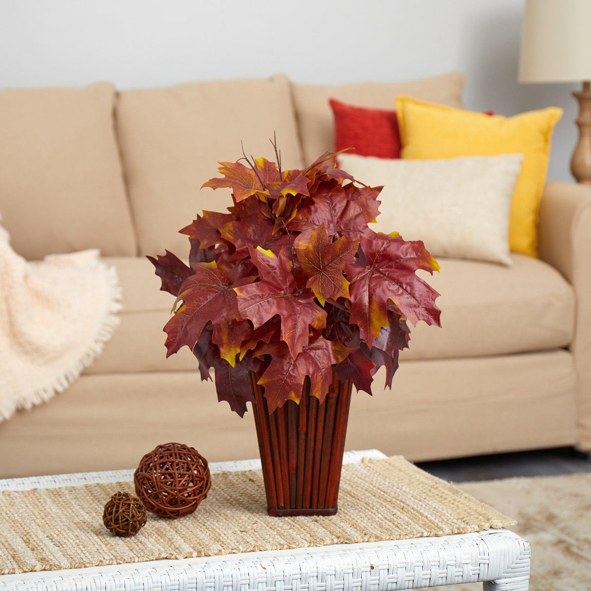 19” Autumn Maple Leaf Artificial Plant in Decorative Planter by Nearly Natural - Vysn