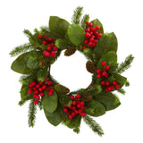 19” Magnolia Leaf, Berry and Pine Artificial Wreath by Nearly Natural