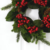 19” Magnolia Leaf, Berry and Pine Artificial Wreath by Nearly Natural