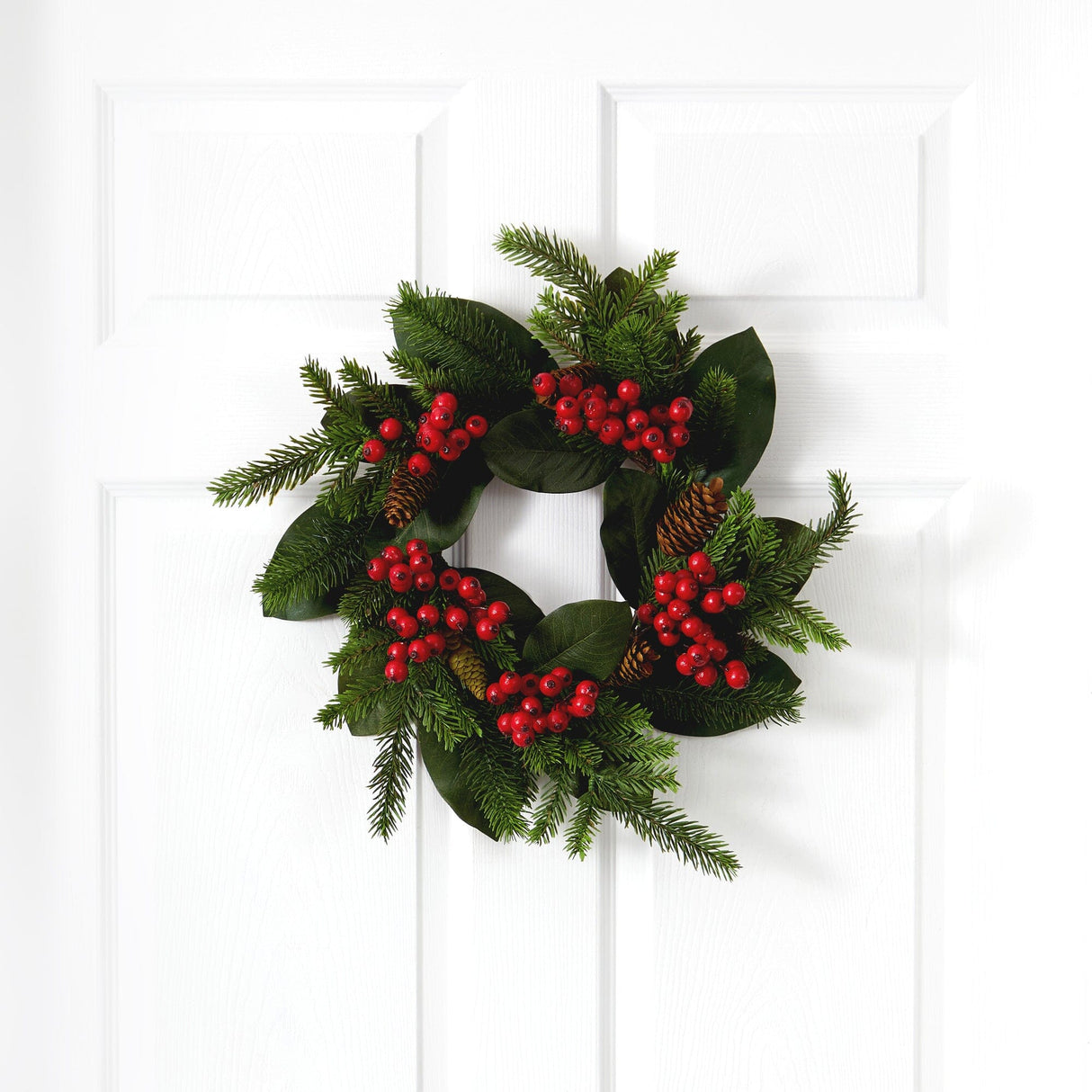 19” Magnolia Leaf, Berry and Pine Artificial Wreath by Nearly Natural