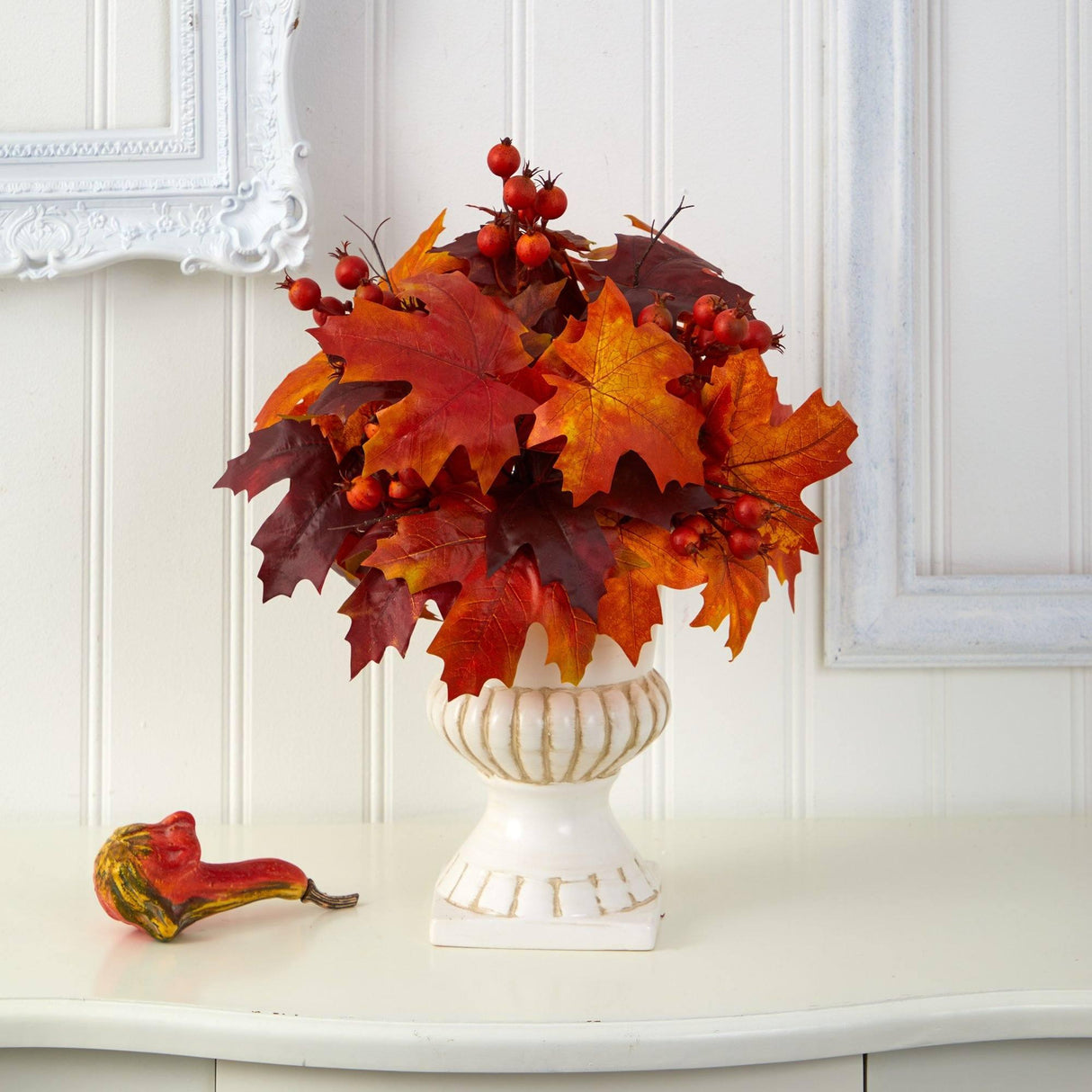 20” Autumn Maple Leaf and Berries Artificial Plant in White Urn by Nearly Natural - Vysn