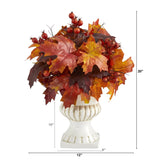 20” Autumn Maple Leaf and Berries Artificial Plant in White Urn by Nearly Natural - Vysn