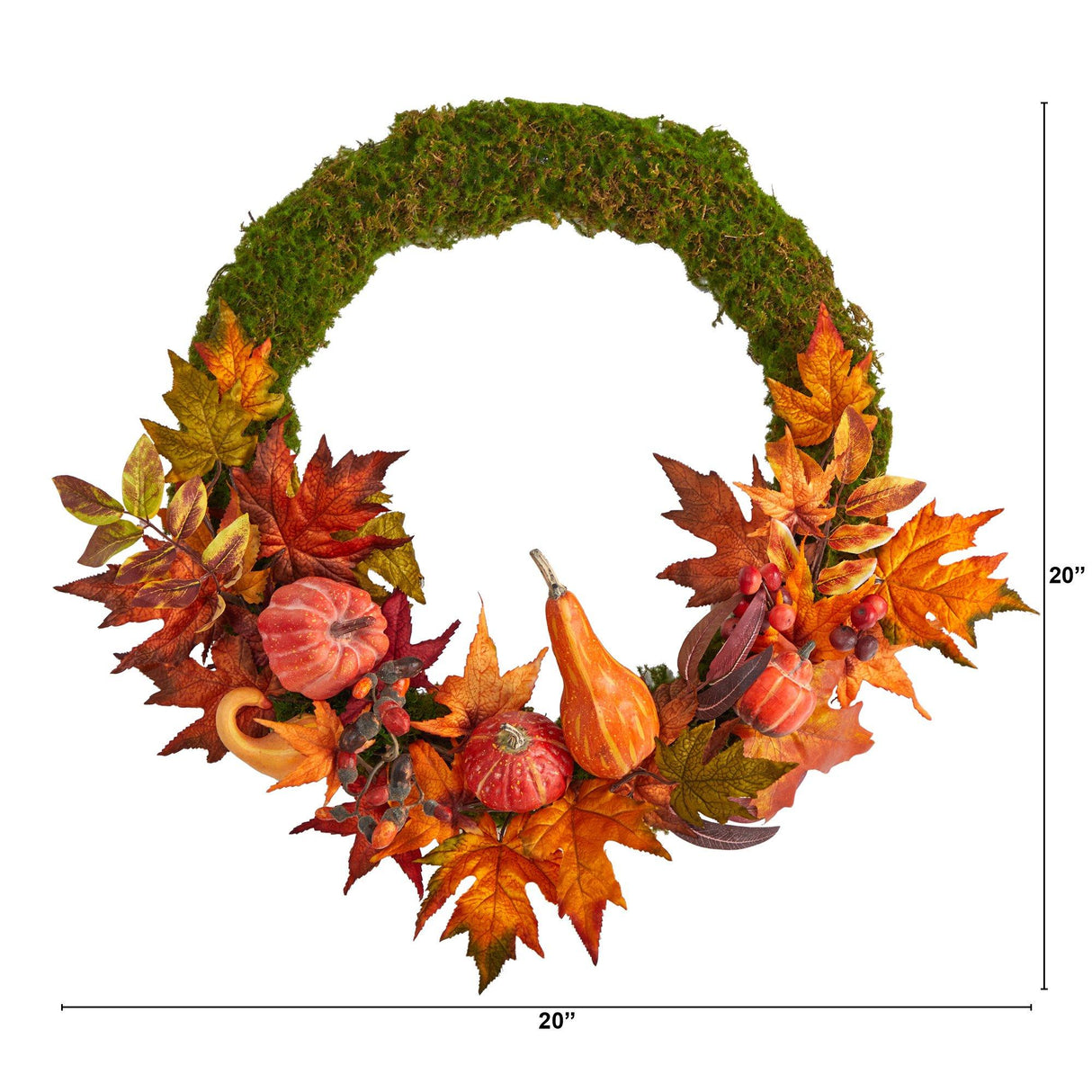 20” Autumn Pumpkin, Gourd and Fall Maple Leaf Artificial Wreath by Nearly Natural