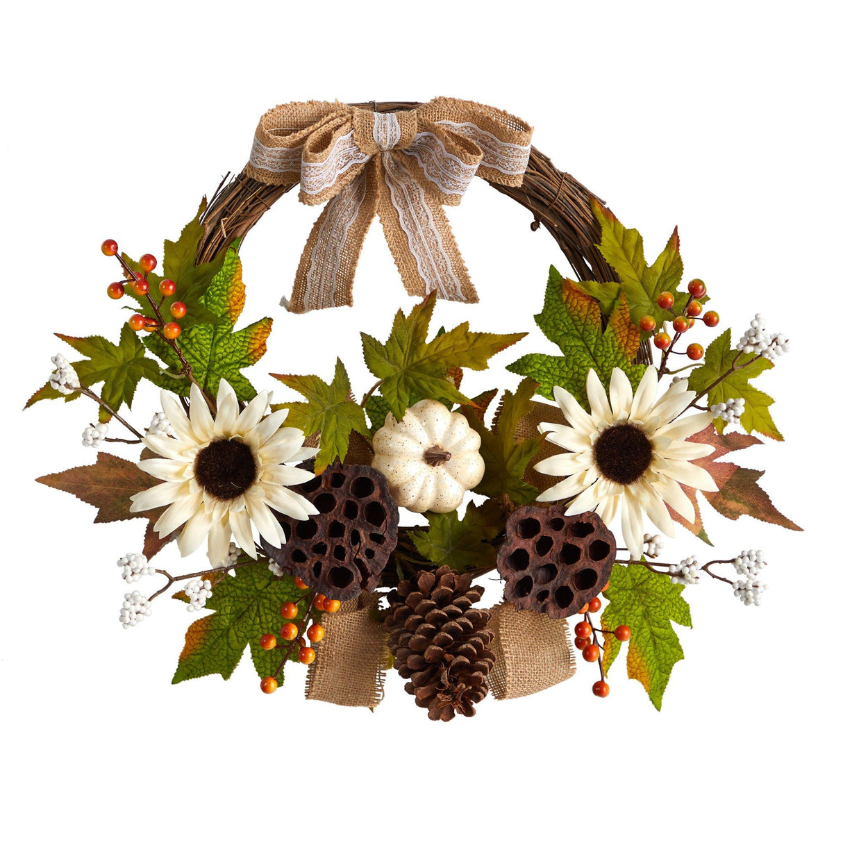 20” Autumn Sunflower, White Pumpkin and Dried Lotus Pod Artificial Fall Wreath with Decorative Bow by Nearly Natural