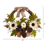 20” Autumn Sunflower, White Pumpkin and Dried Lotus Pod Artificial Fall Wreath with Decorative Bow by Nearly Natural