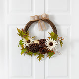 20” Autumn Sunflower, White Pumpkin and Dried Lotus Pod Artificial Fall Wreath with Decorative Bow by Nearly Natural