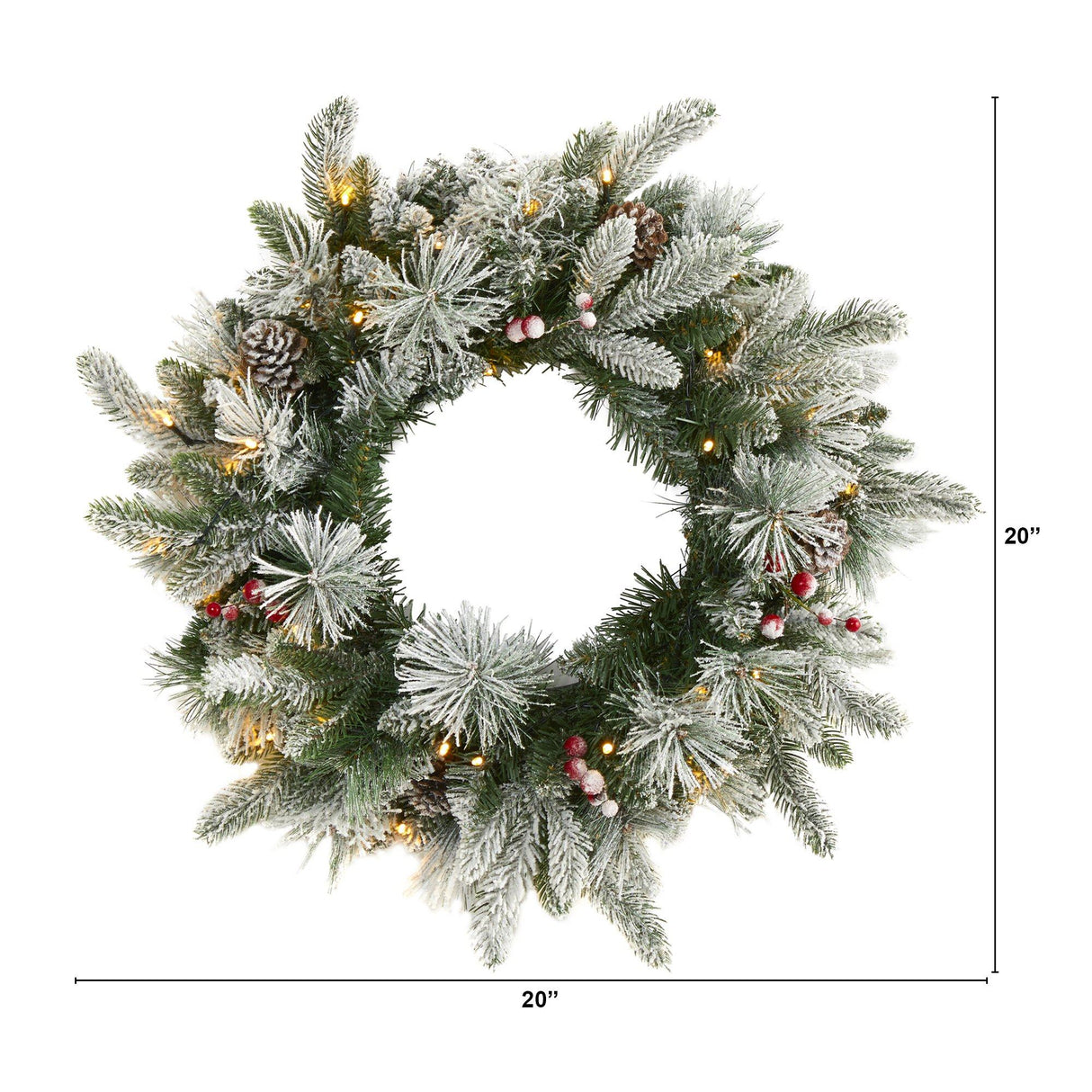 20” Flocked Mixed Pine Artificial Christmas Wreath with 50 LED Lights, Pine Cones and Berries by Nearly Natural