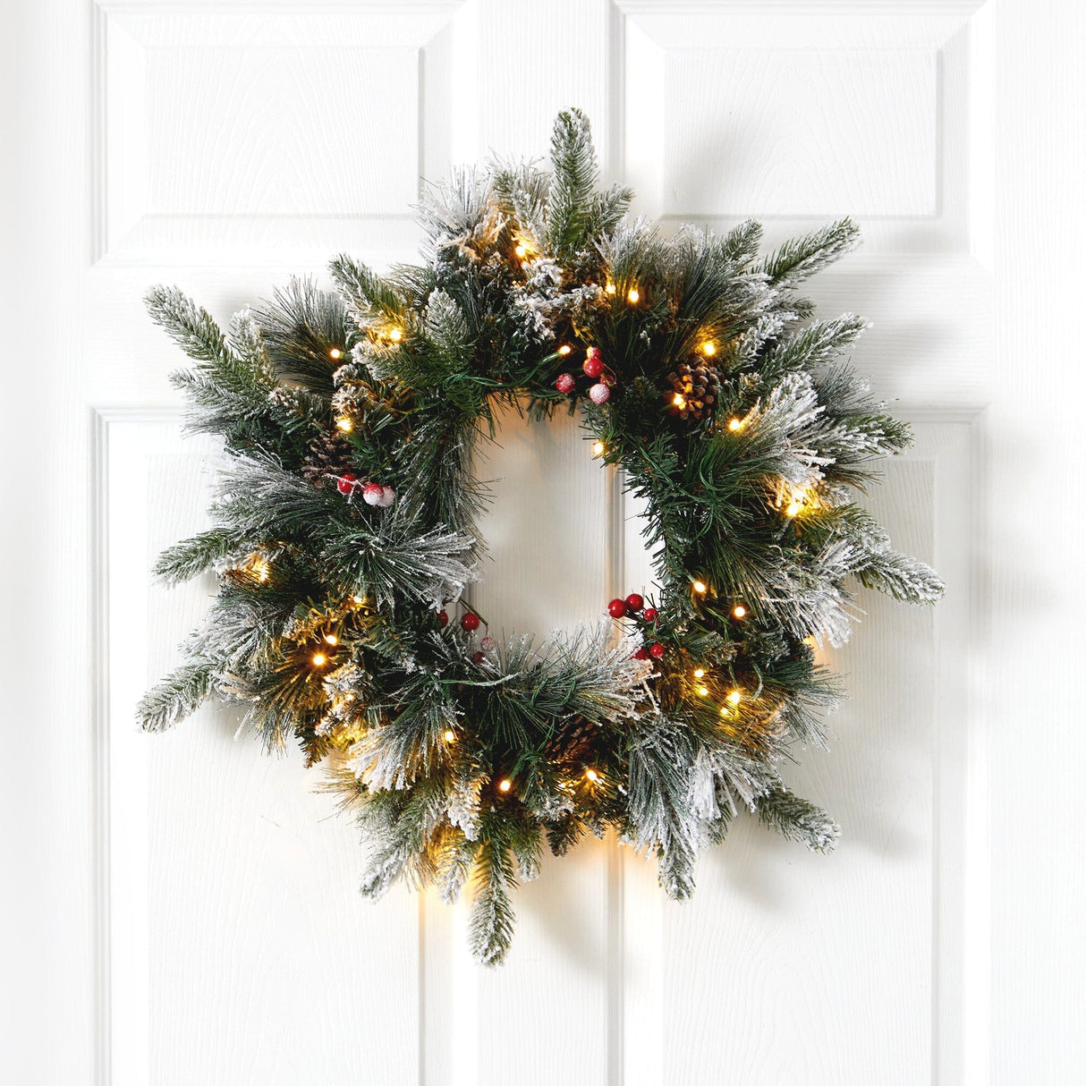 20” Flocked Mixed Pine Artificial Christmas Wreath with 50 LED Lights, Pine Cones and Berries by Nearly Natural