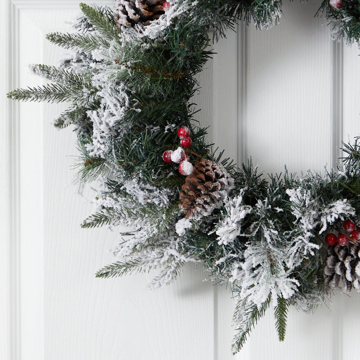 20” Flocked Mixed Pine Artificial Christmas Wreath with 50 LED Lights, Pine Cones and Berries by Nearly Natural