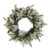 20” Flocked Mixed Pine Artificial Christmas Wreath with 50 LED Lights, Pine Cones and Berries by Nearly Natural